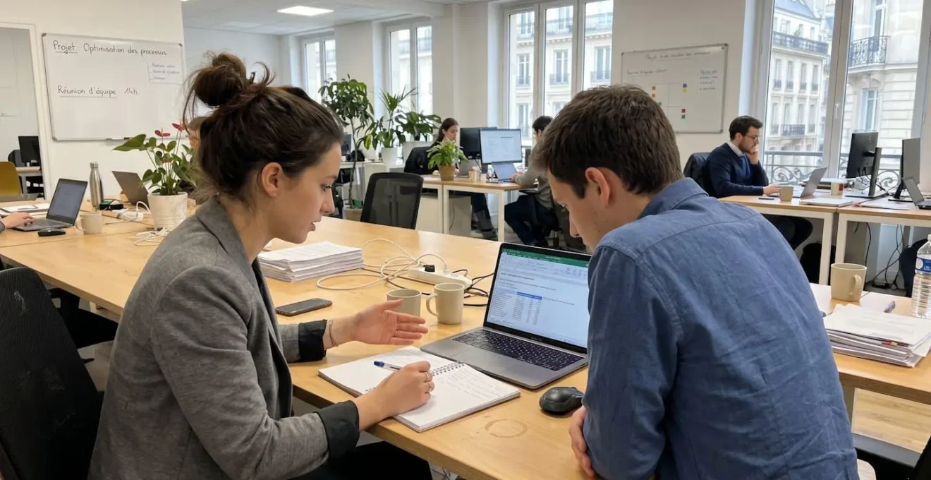 Deux jeunes adultes en discussion informelle autour de documents dans un open space moderne de Lyon, lumière naturelle abondante