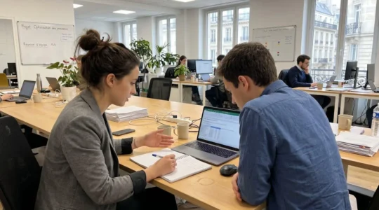 Deux jeunes adultes en discussion informelle autour de documents dans un open space moderne de Lyon, lumière naturelle abondante