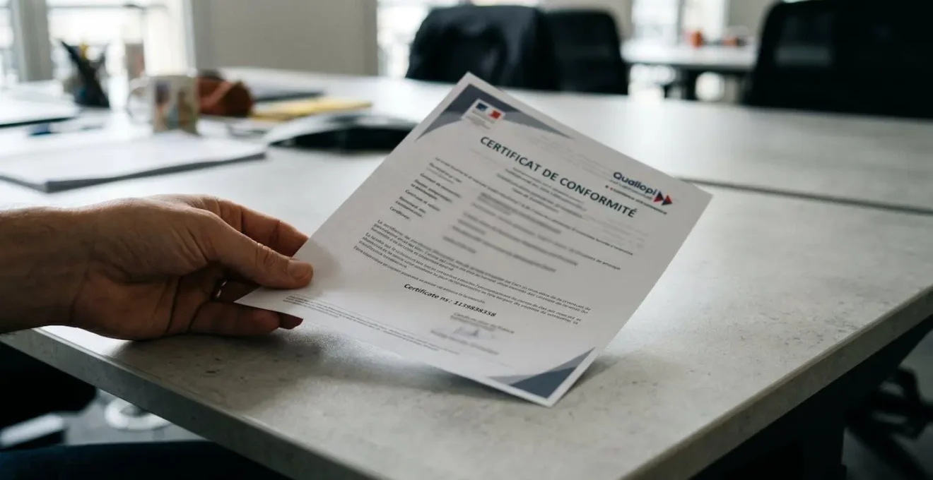 Gros plan sur une main tenant un document officiel de certification française posé sur un bureau blanc moderne