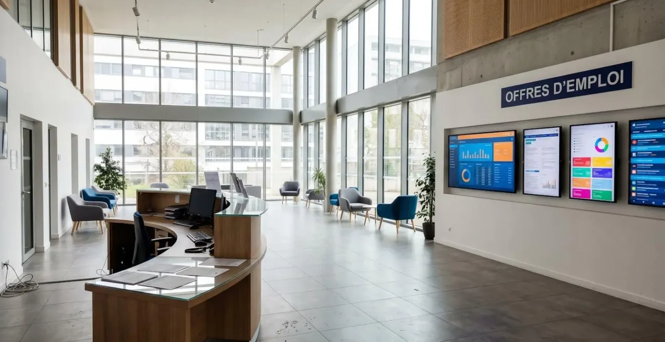 Vue large d'un hall d'accueil contemporain d'un centre de formation à Lyon avec panneaux d'affichage et lumière naturelle abondante