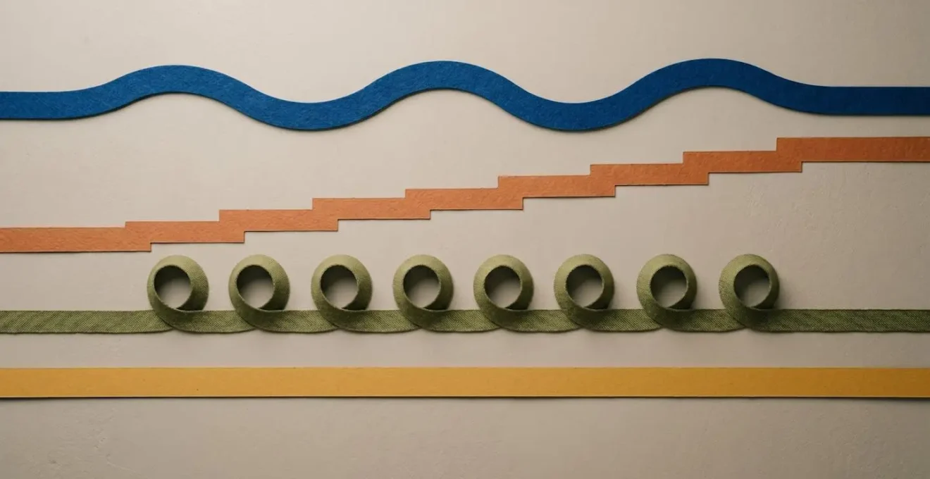 Composition abstraite de quatre rubans colorés suivant des trajectoires différentes, symbolisant la diversité des parcours de formation en MFR