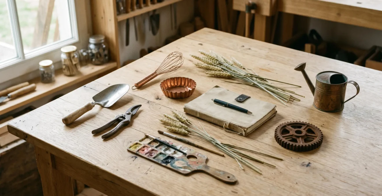 Nature morte composée d'objets symbolisant différents métiers accessibles en MFR : épis de blé, outils de jardin, ustensiles de cuisine, pinceaux, engrenage, disposés sur une table en bois clair