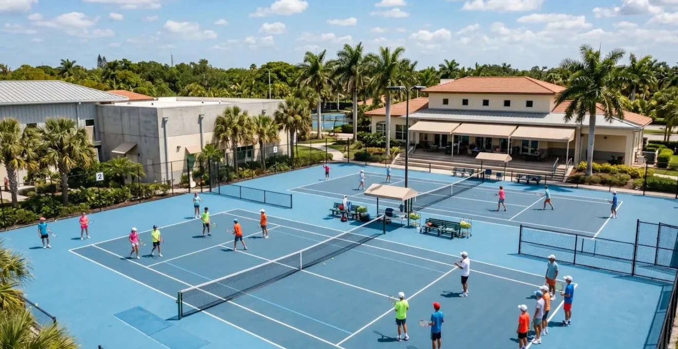 Complexe de tennis en Floride vu d'ensemble avec plusieurs courts extérieurs en usage simultané par de jeunes joueurs, architecture américaine typique avec palmiers et ciel subtropical