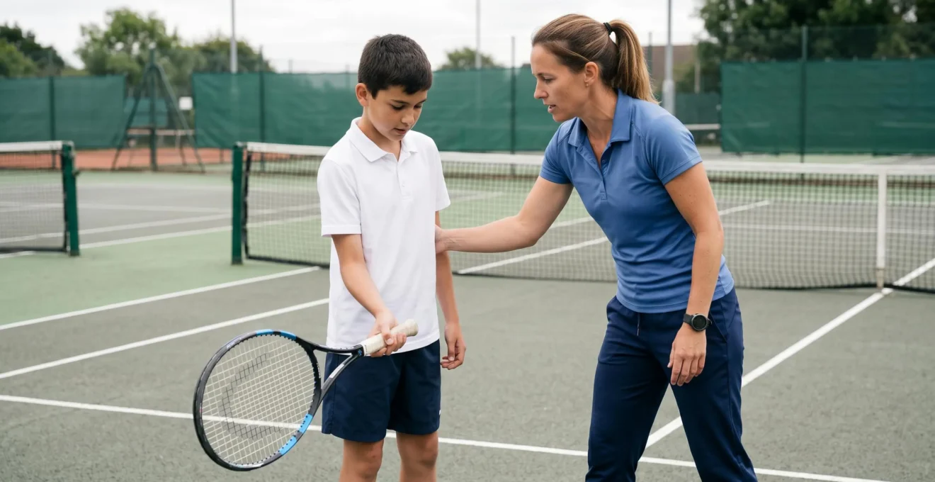 Entraineur de tennis professionnelle expliquant un geste technique à un jeune joueur de 13 ans sur court, en interaction pédagogique rapprochée avec regards dirigés vers la démonstration