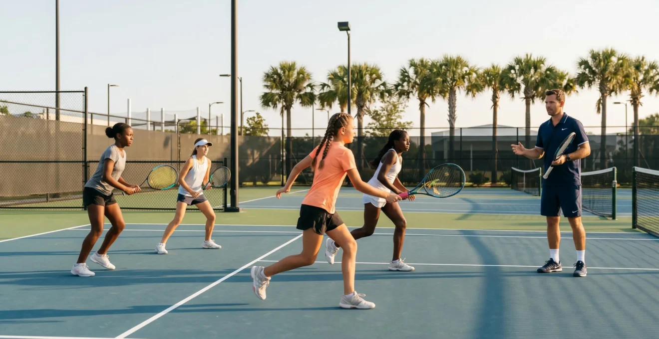 Groupe de quatre jeunes joueurs de tennis de 11 à 14 ans en entraînement collectif sur court extérieur, guidés par un entraineur adulte, dans un cadre de stage sportif international avec ciel dégagé et infrastructure moderne
