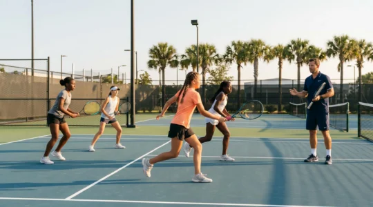 Groupe de quatre jeunes joueurs de tennis de 11 à 14 ans en entraînement collectif sur court extérieur, guidés par un entraineur adulte, dans un cadre de stage sportif international avec ciel dégagé et infrastructure moderne