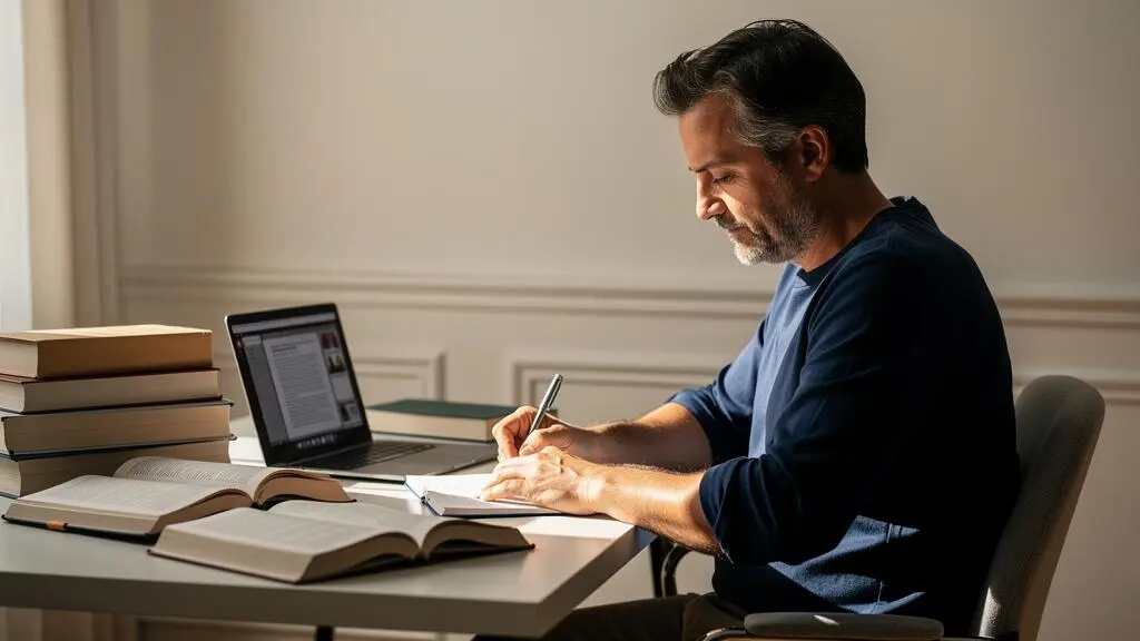 Étudiant prenant des notes tout en consultant des ressources de formation sur son ordinateur.