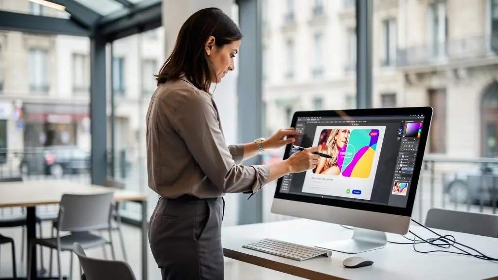 Professionnel manipulant un projet de création de contenu sur un écran dans un espace de coworking moderne.